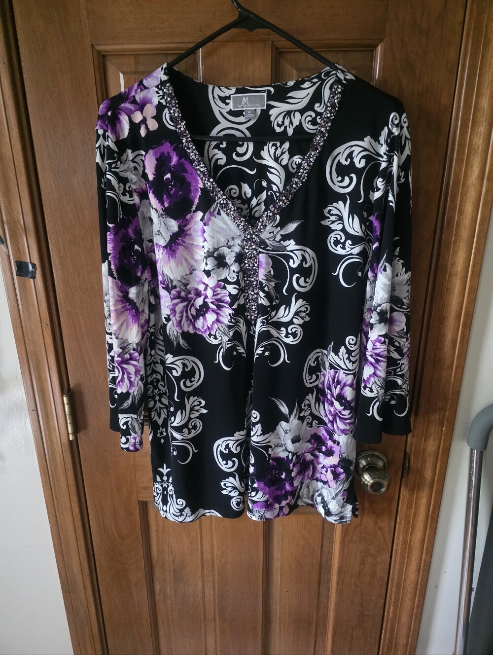 Melissa Paige Black Floral V-Neck Tunic with Purple Accents